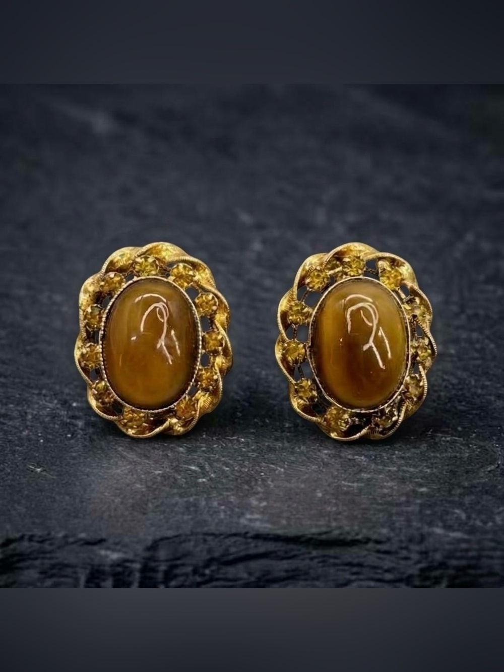 Vintage 50s Austria Honey Tiger Eye Stone Citrine Crystal Gold Tone Clip Earring